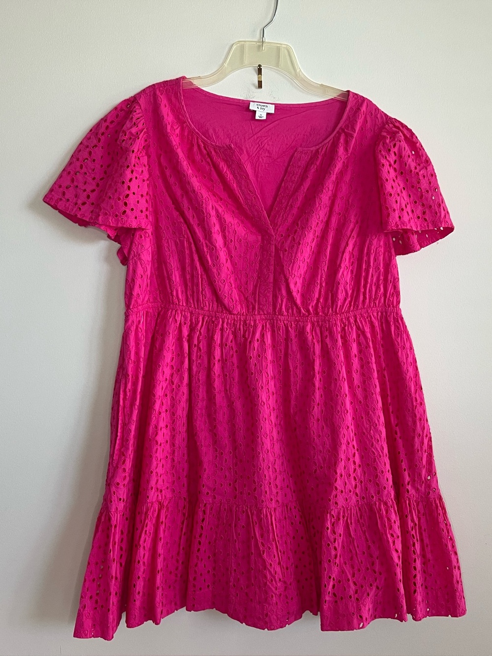 crown & ivy Hot Pink Eyelet Flutter-Sleeve Dress